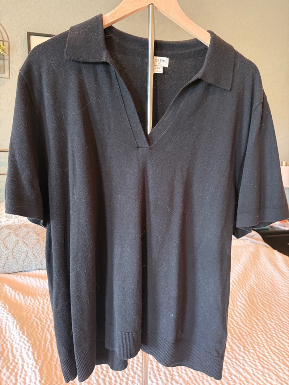 J. Crew Black Short-Sleeve Polo Sweater with V-Neck Collar